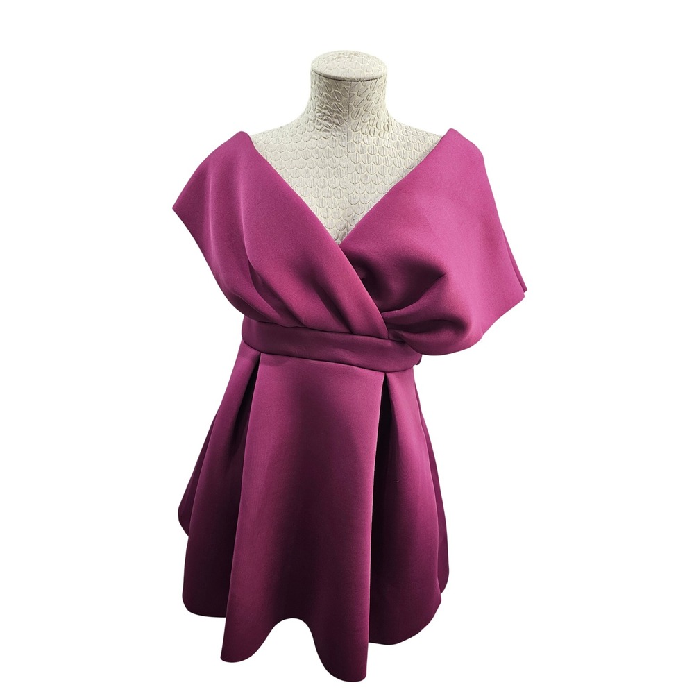ASOS Scuba Fit and Flare Mini Dress Womens 6 Magenta Off Shoulder V-Neck Belted